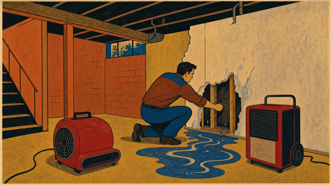 Illustration of a technician opening a wet basement wall with an air mover and dehumidifier running