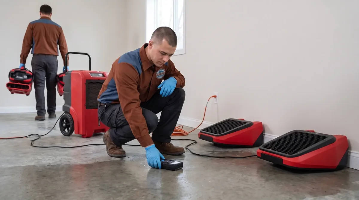 Technician reading a moisture meter on a damp concrete floor with air movers running